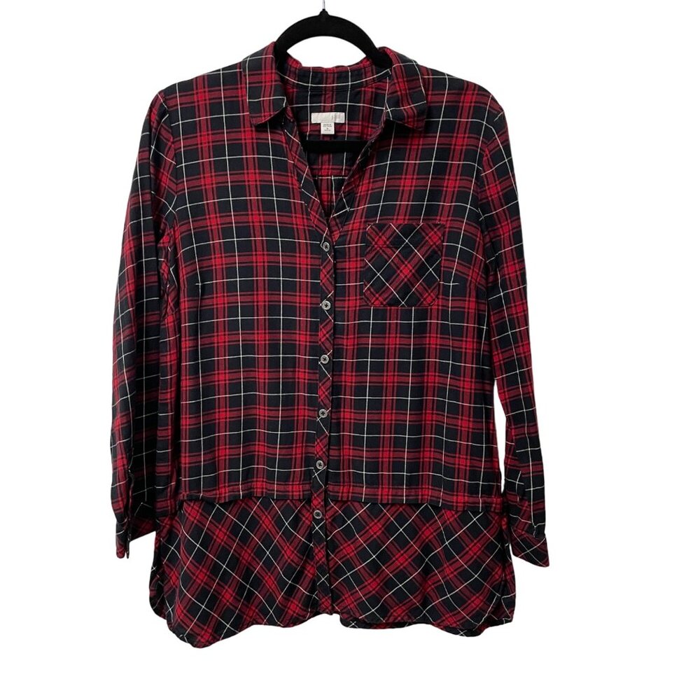 J JILL BLOUSE BUTTON UP PLAID FLANNEL WOMENS M PETITE 100% COTTON V-NECK CLASSIC